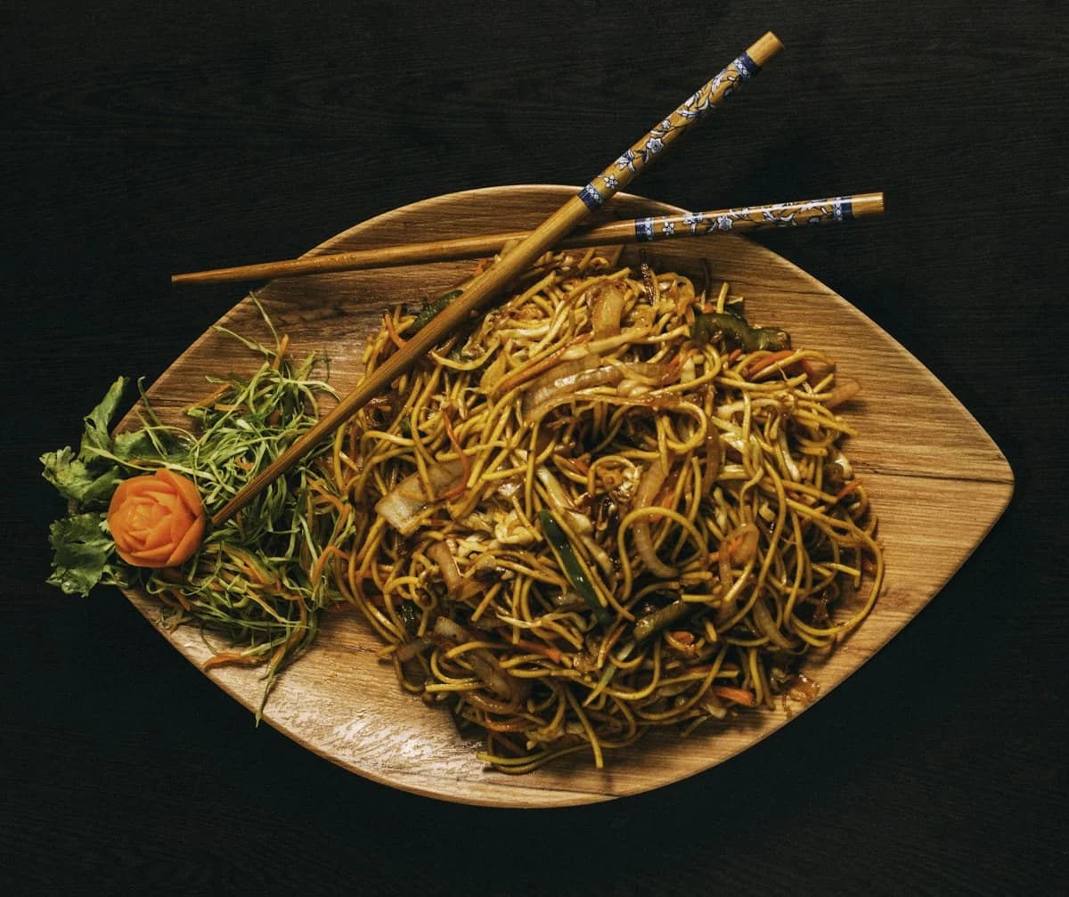 A bowl of stir-fried Chinese-style noodles with fresh wok vegetables