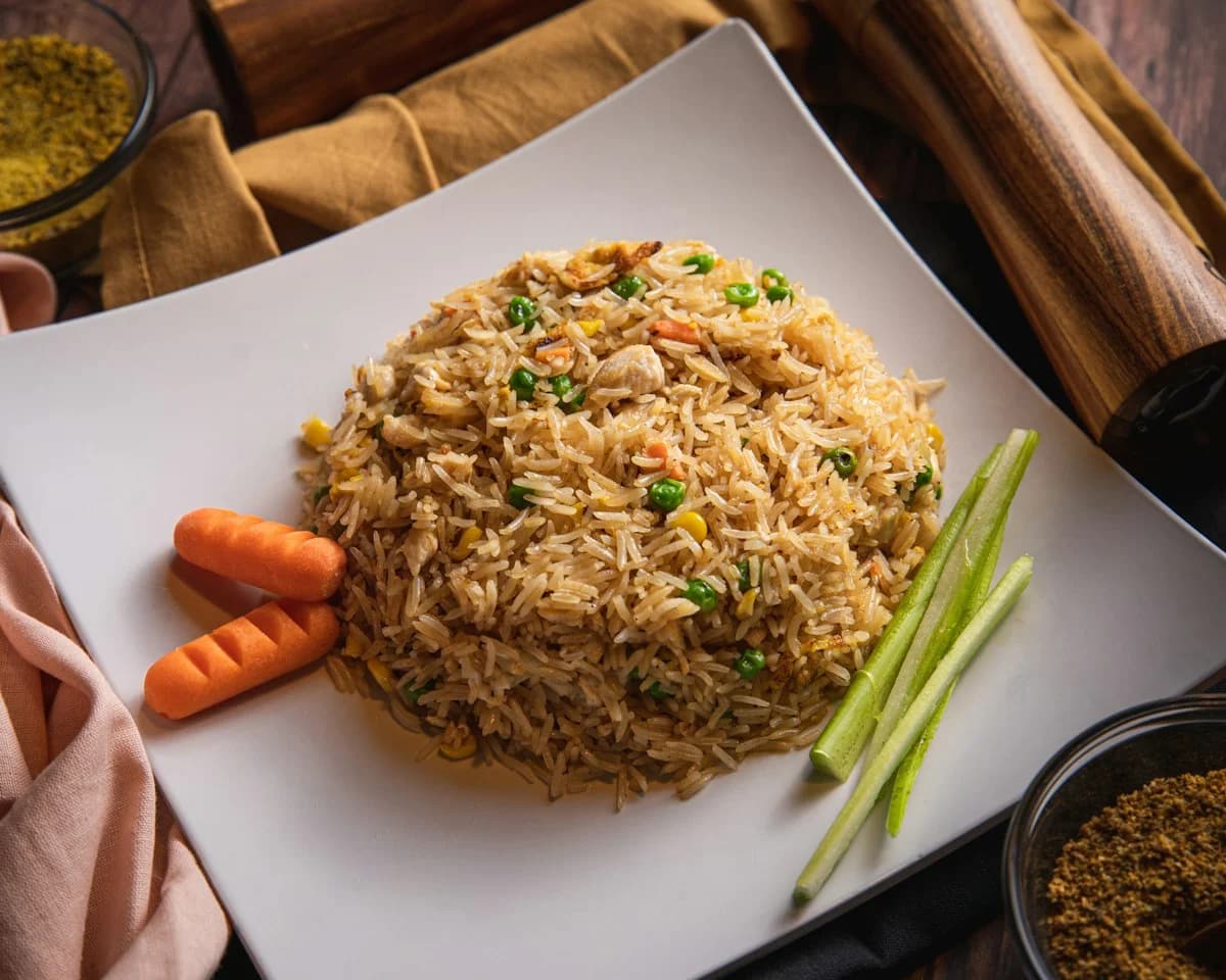 A plate of aromatic vegetarian wok-fried rice with spring onions and garlic
