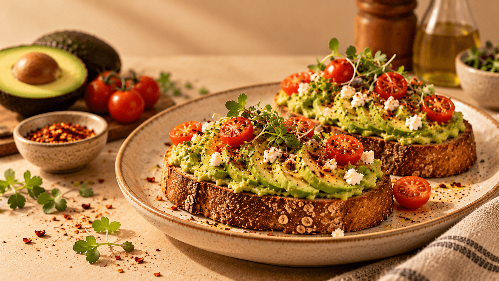 Avocado toast on artisan sourdough bread with seasoned seeds