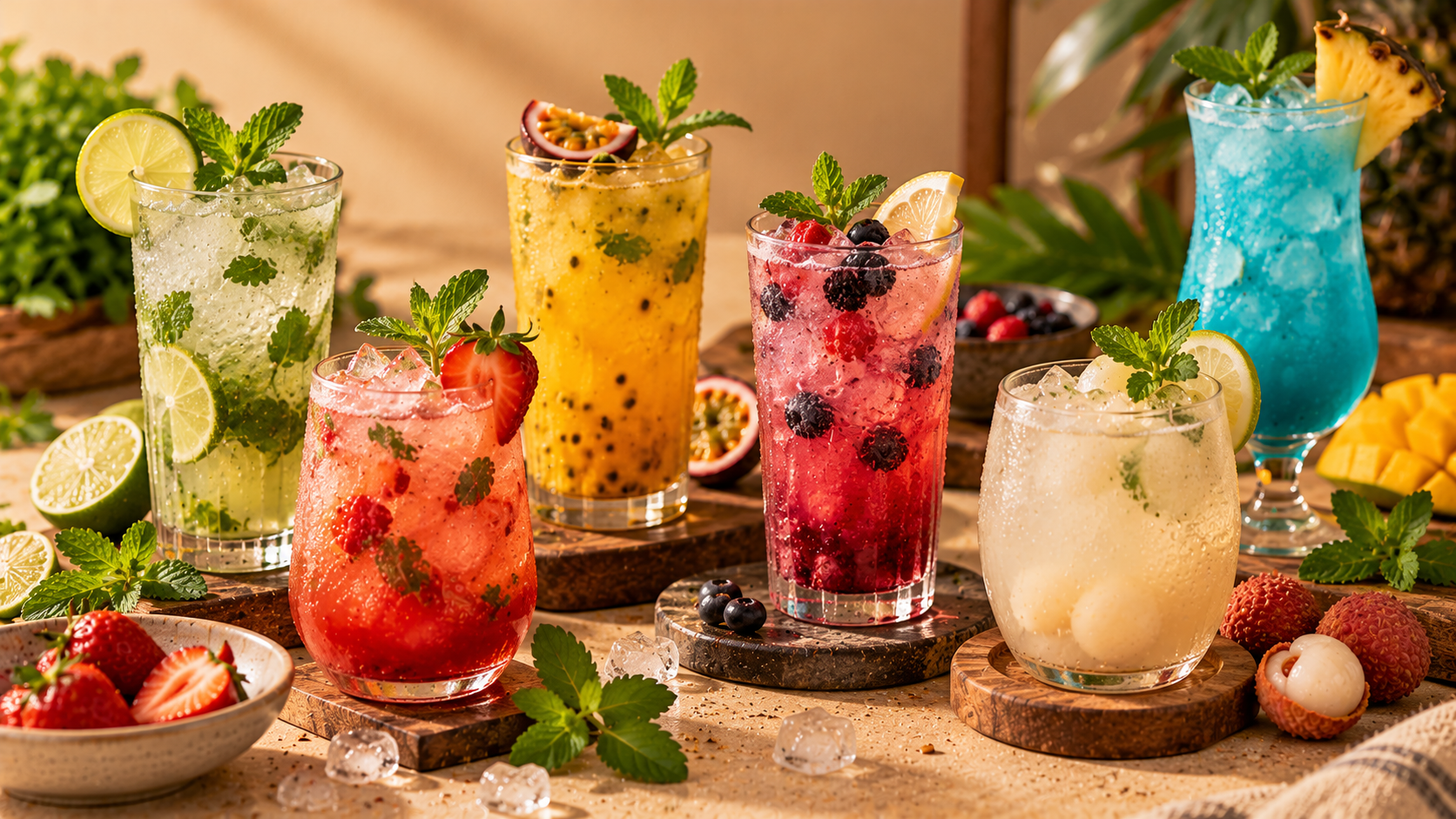 Colorful non-alcoholic refreshing iced mocktails in clear glasses