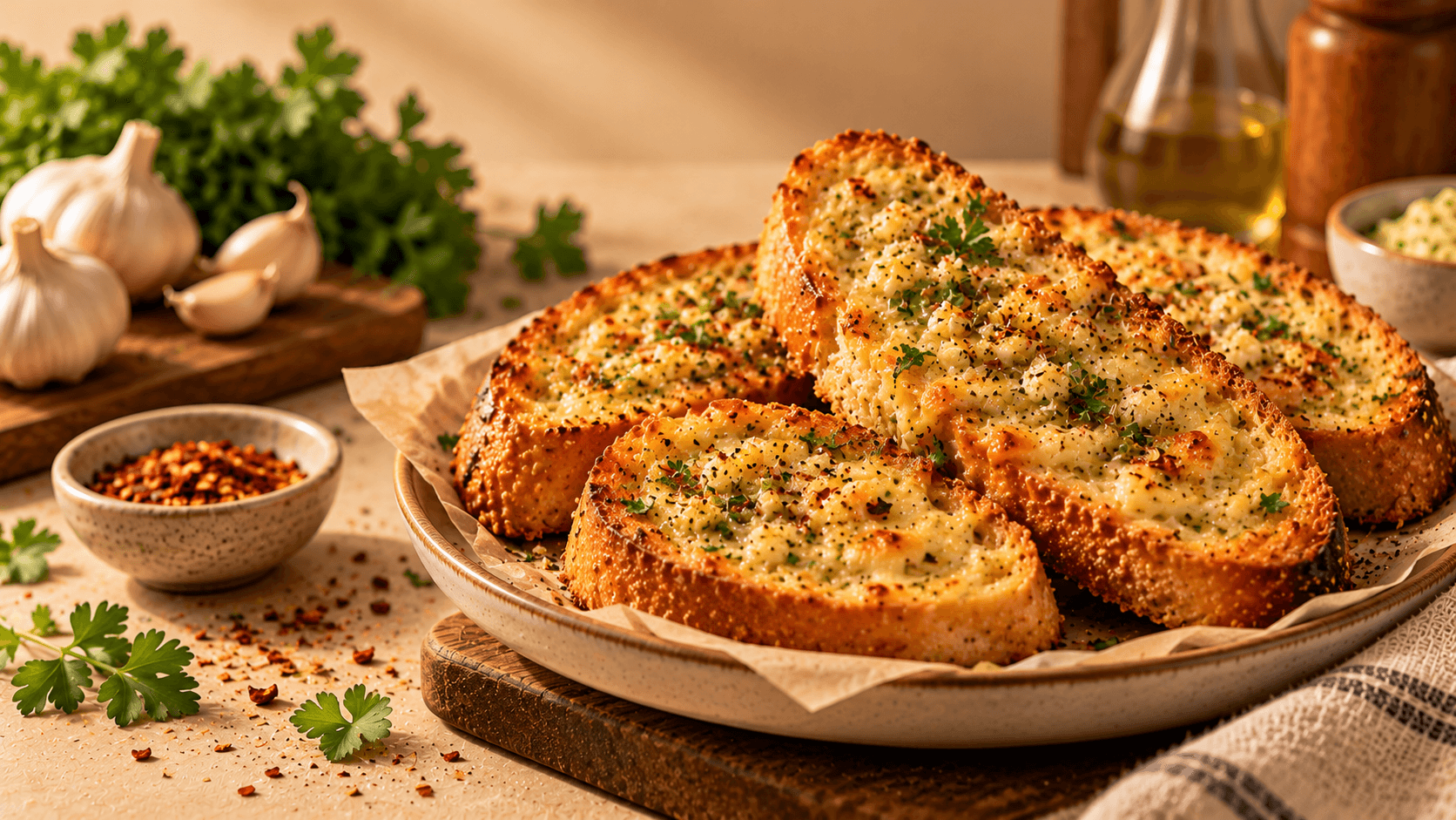 Golden garlic bread slices loaded with melted mozzarella cheese and herbs