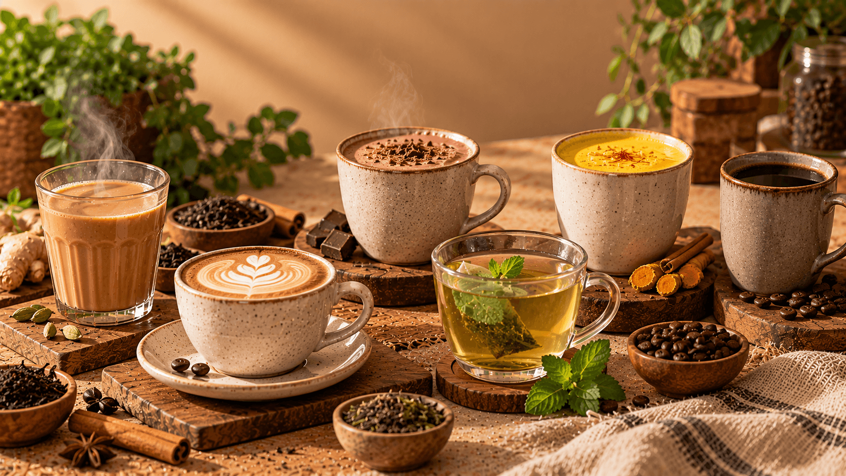 Hot artisanal coffee and spiced masala tea in ceramic cups
