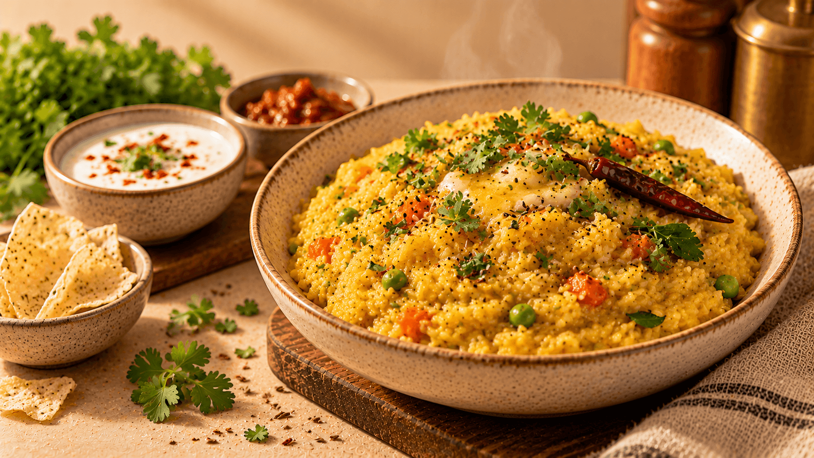 A warm bowl of dal tadka khichdi with a restrained Indian café presentation