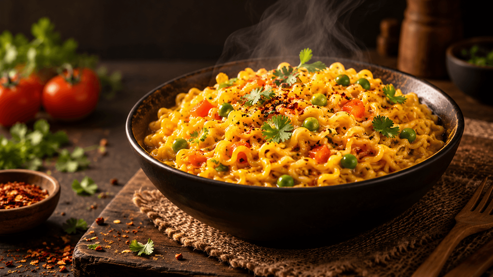 A warm bowl of masala Maggi noodles with gourmet toppings
