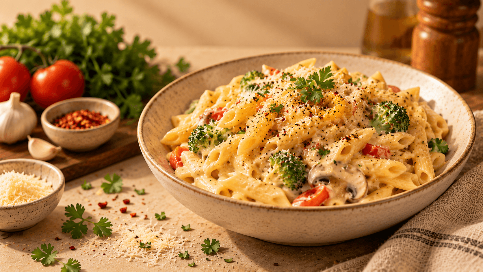 A plate of artisanal pasta with rich pink sauce and fresh parmesan