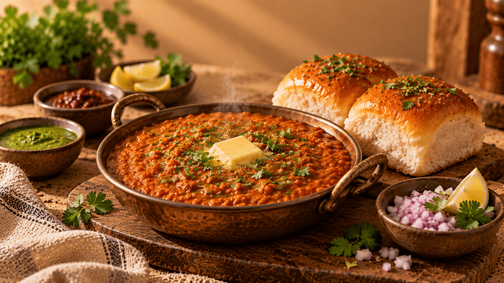A selection of Indian café meals including aromatic biryani and butter pav bhaji