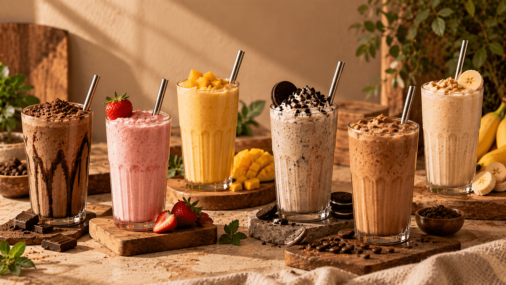 Thick creamy milkshakes with chocolate and biscuit toppings in tall glasses