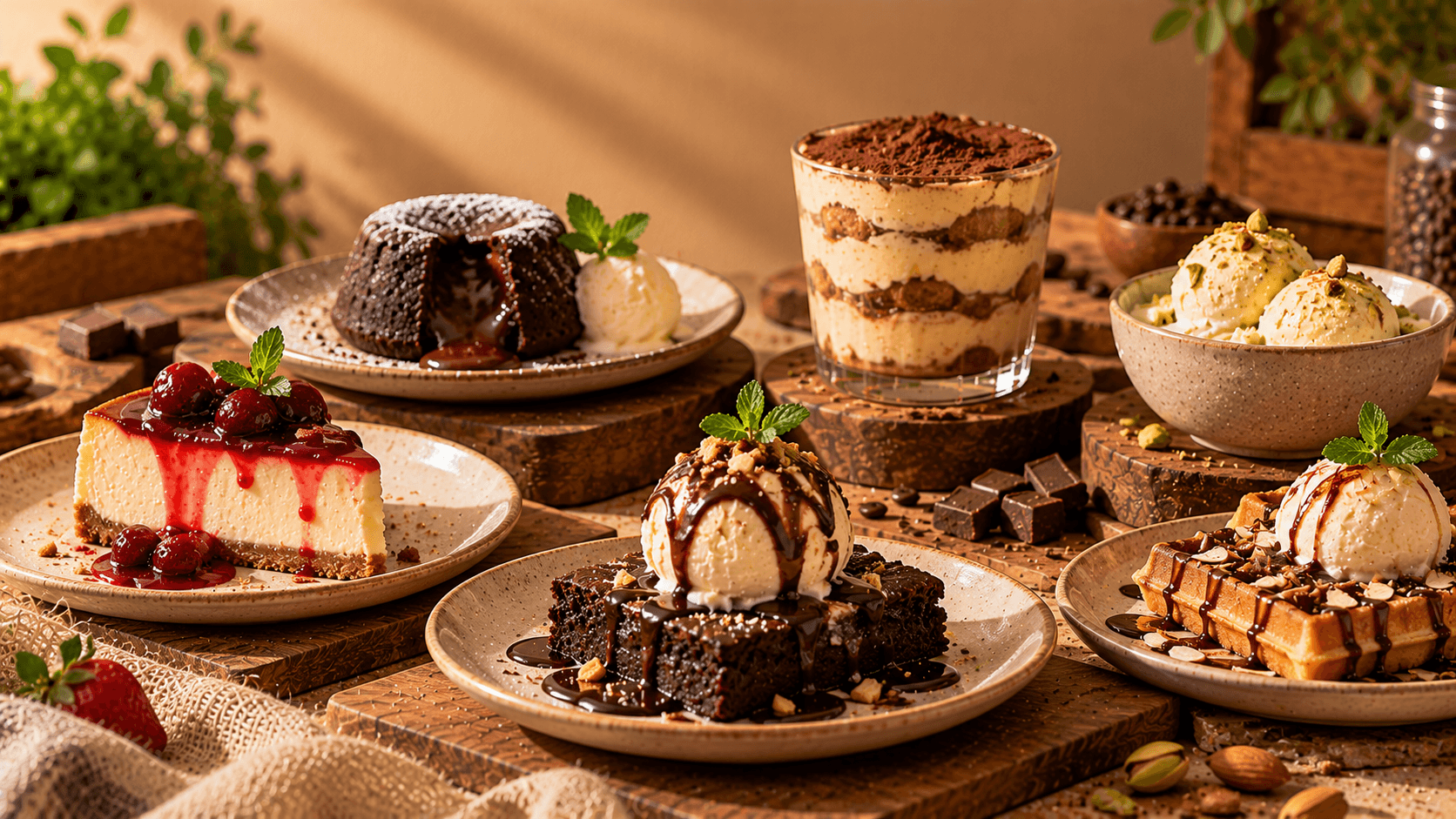 Sizzling brownie with ice cream and artisanal berry cheesecakes