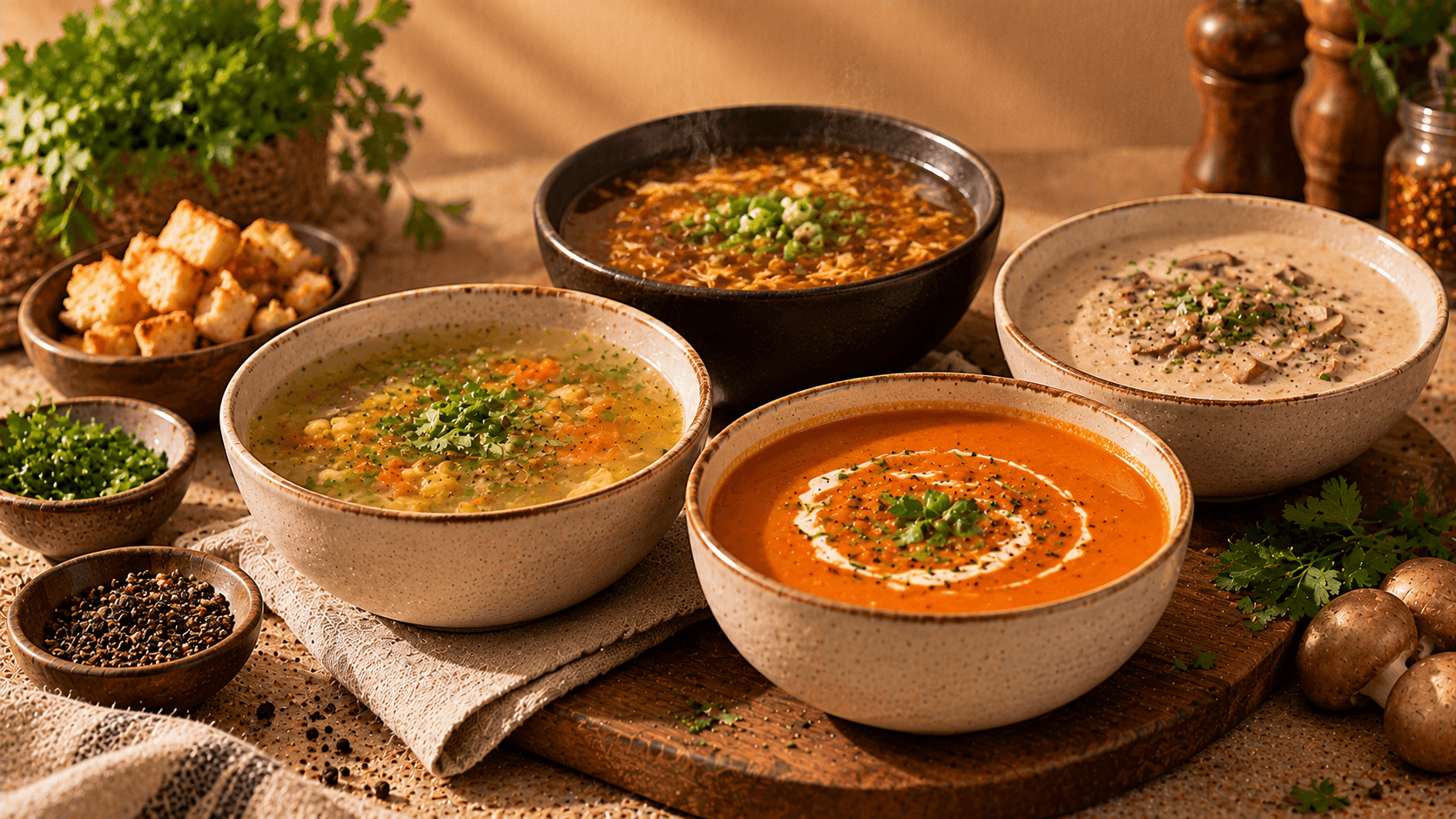 A steaming bowl of soup with a simple café presentation
