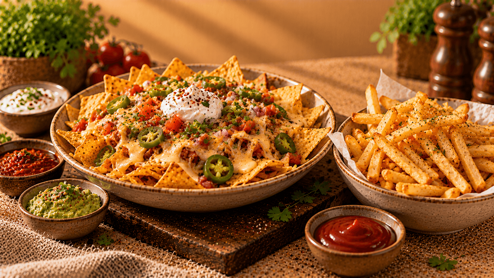 Crispy fries, nachos, potato wedges and assorted vegetarian café starters